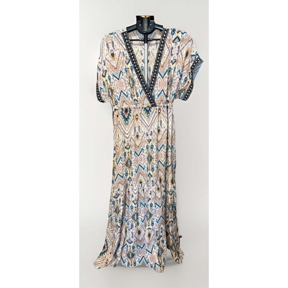 Johnny Was Jade Alona Womens L 100% Silk Maxi Dress Tiered Geometric Velvet Trim